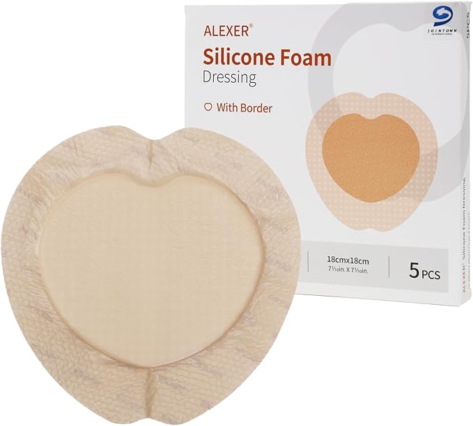 Jointown Foam Absorbent Wound Care Dressing, Adhesive Silicone Sacral Foam Dressing with Border, Waterproof Bed Sore Bandages, 7"x7", 5 PCS