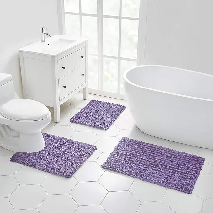 Walensee Bathroom Contour Rug Non Slip Toilet U Shaped Bath Mat (20x24, Lavender) Water Absorbent Super Soft Shaggy Chenille Machine Washable Dry Extra Thick Perfect Absorbant Best Plush Carpet