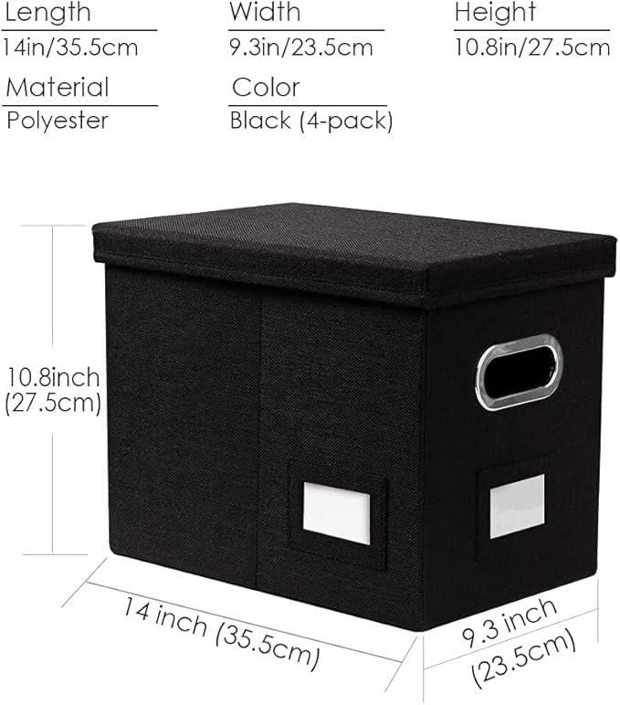 PRANDOM File Organizer Box - Set of 4 Collapsible Decorative Linen Filing Storage Hanging File Folders with Lids Office Cabinet Letter Size Black (14x9.3x10.8 inch)