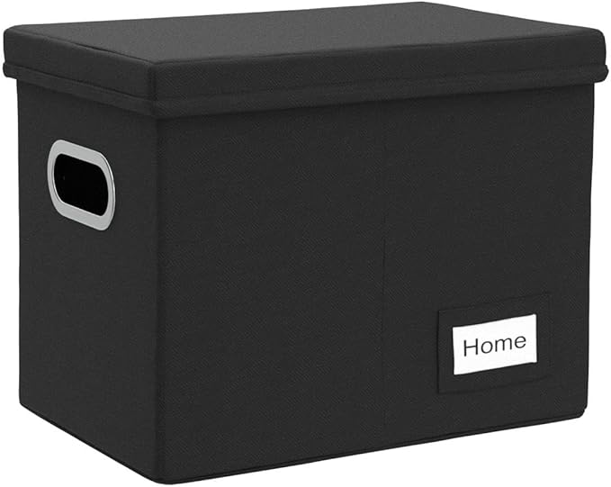 PRANDOM File Organizer Box - Set of 1 Collapsible Decorative Linen Filing Storage Hanging File Folders with Lids Office Cabinet Letter Size Black (14x9.3x10.8 inch)
