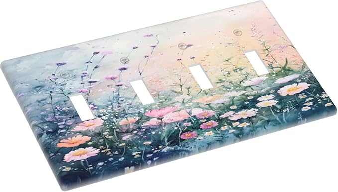 Decorative Switch Plate Covers Pink Floral Wildflower Green Plants 4 Gang Light Switch Cover Plate Quad Toggle Wall Plate Light Switch Covers for Bathroom Decor