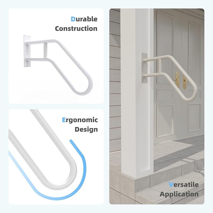 Handrails for Outdoor Steps Wall Mount, Railings for 1-3 Steps, U-Shaped Handrail with Powder Coated Finish, Stair Handrails for Garage, Porch, Yard and Garden (26" Length, 1.25" Pipe, White)