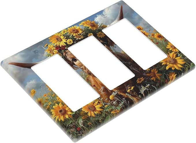 Light Switch Covers Vintage Sunflower Highland Cow Rustic Art 3 Gang Rocker Electrical GFCI Decorative Triple Outlet Wall Plate Cover Switchplate for Bedroom Farmhouse Decor