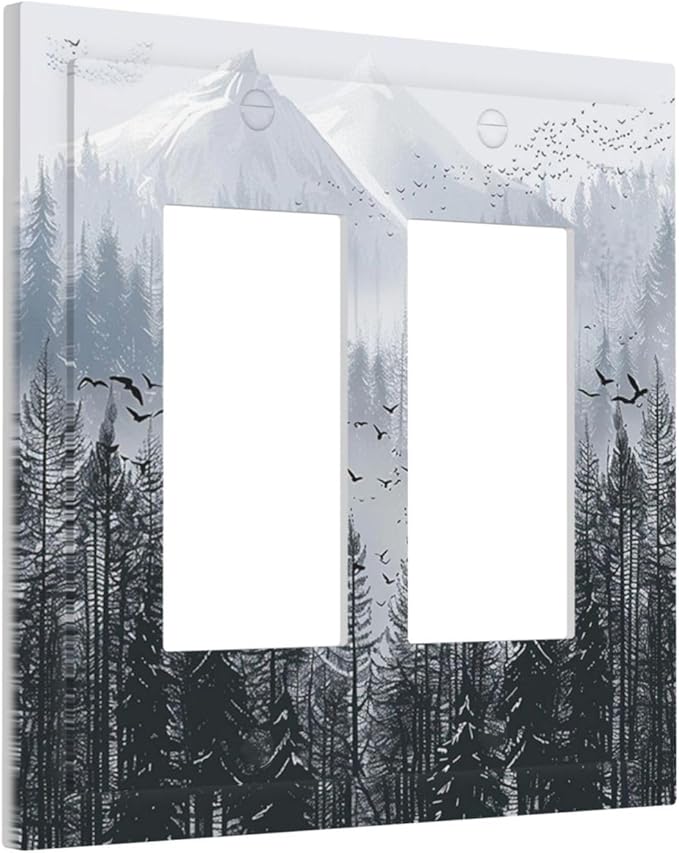 Misty Forest Nature Tree Mountain Birds Decorative Outlet Covers 2 Gang Double GFCI Rocker Electrical Wall Panels Light Switch Cover Plate for Bed Room Living Room Decor