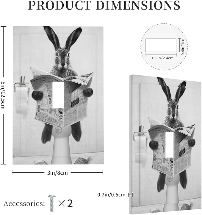 Funny Cute Grey Black Rabbit Reading Newspaper Single Toggle Light Switch Covers Decorative 1 Gang Wall Plates Cover Rustic Retro Western Animals Electrical Device Switchplate for Bathroom