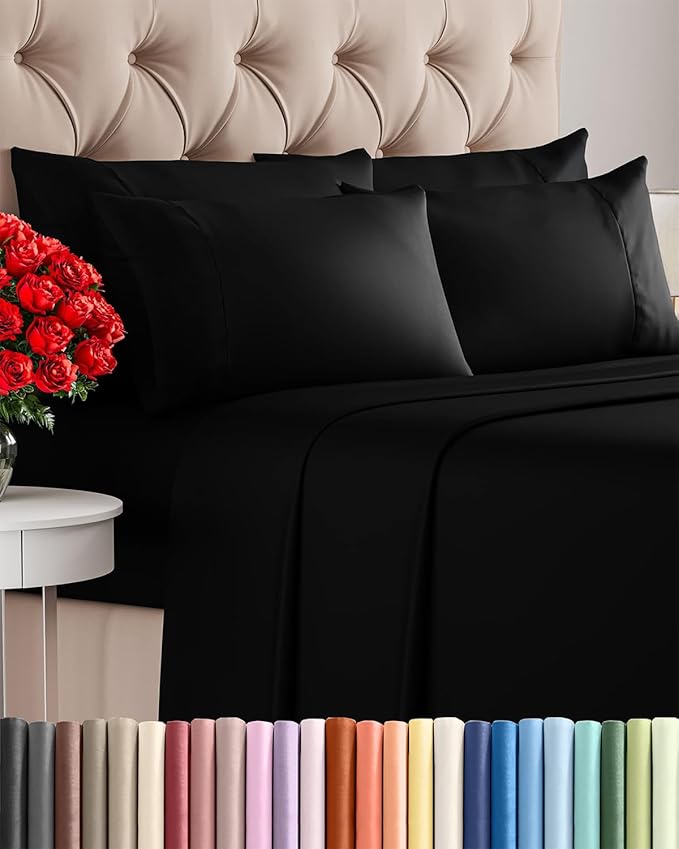 Queen 6 Piece Sheet Set - Cooling & Breathable Bed Sheets - Hotel Luxury Bed Sheets for Women, Men, Kids & Teens - Comfy Bedding w/Deep Pockets & Easy Fit - Soft & Wrinkle Free - Queen Black Sheets
