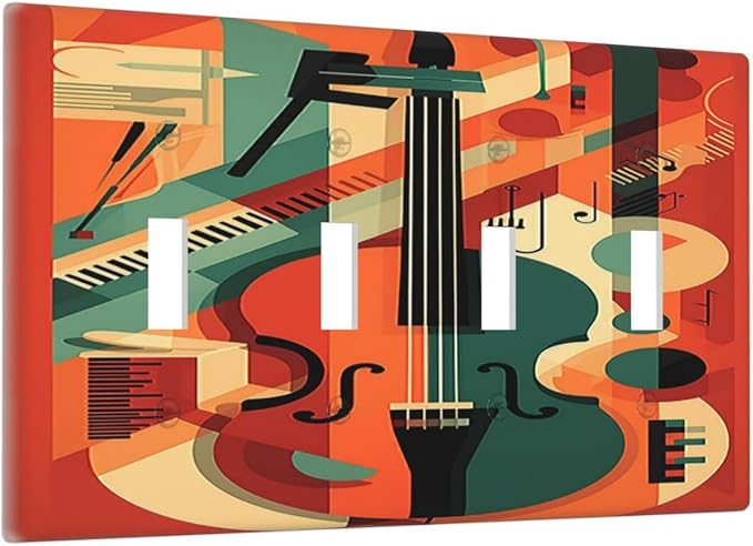 Light Switch Covers Violin Abstract Jazz Colorful Painting Quad Toggle Electrical Faceplate 4 Gang Wall Plate Decorative Switch Plates for living Room Office Decor