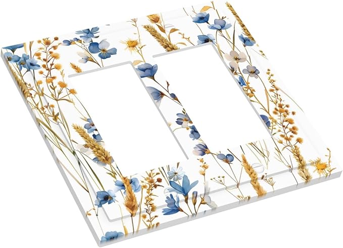 Vintage Wildflower Blue Gold Country Fall Wheat Floral Decorative Outlet Covers 2 Gang Double GFCI Rocker Electrical Wall Panels Light Switch Cover Plate for Bedroom Living Room Decor