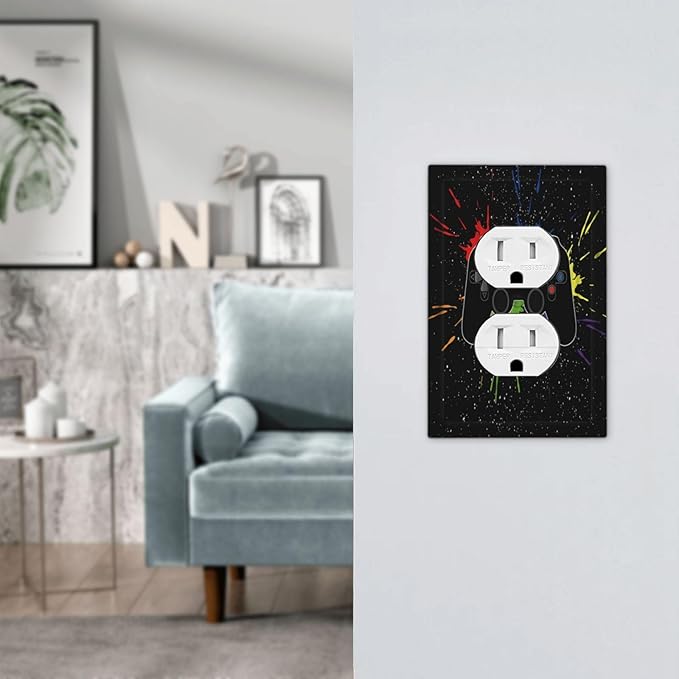 Classic Videogames Controller Black Splash Ink Colorful Outlet Covers 1 Gang Duplex Light Switch Cover Decorative Switch Plates Electrical Receptacle Faceplate Wall Plate for Kids Room Nursery Decor