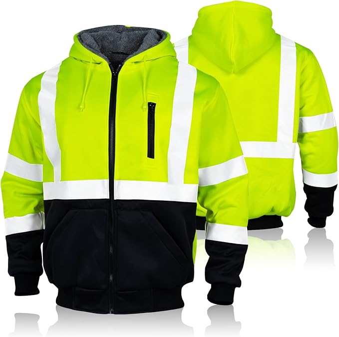 FONIRRA Men's High Visibility Safety ANSI Class 3 Lined Fleece Hoodie Sweatshirt with Black Bottom Jumper Workwear for Men(Yellow,XL)