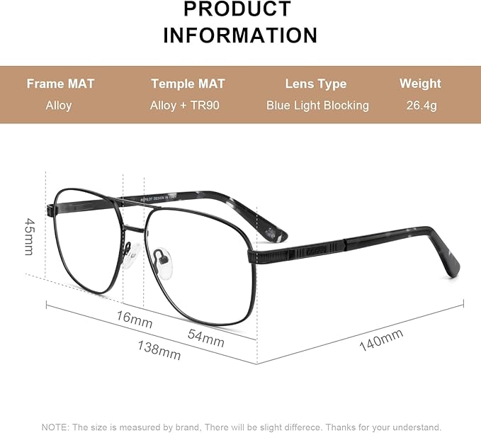 RB. Pilot Reading Glasses for Men Square Double Bridge Light Blocking Computer Readers Spring Hinge Metal Frame Acetate Legs