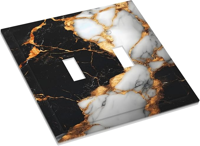 Decorative Light Switch Cover Plate Black Gold Marble 2 Gang Switch Plate Covers Double Toggle Wall Plate Dual Device Faceplate for Country Bathroom Bedroom Decor