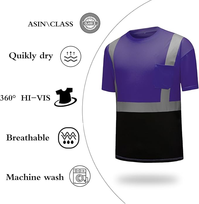 High Visibility Shirts Quick Dry Safety T Shirts with Reflective Strips and Pocket Short Sleeve Mesh Hi Vis Construction Work Class 2 Shirt for Men/Women Black Bottom Purple,5XL