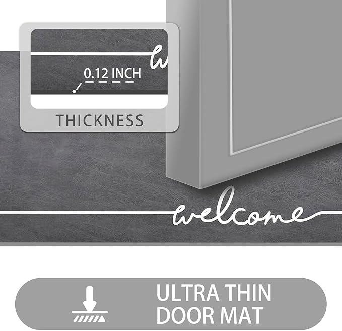 Welcome Mat Indoor, Ultra Thin Door Mat, 1/10 in Thin Door Mats for Inside Entry, Non-Slip, Absorbent, Quick-Dry, Washable, Fit Under Door Entryway Doormat for Entrance, 24"X16", Dark Grey