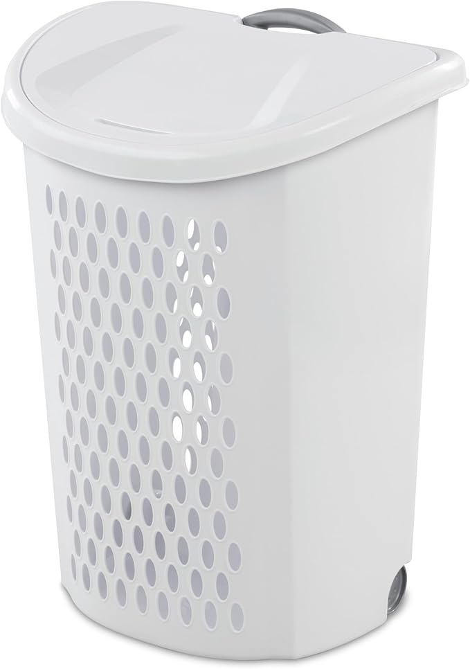 (2 Pack) Ultra Wheeled Hamper - White Plastic Laundry Hamper with Retractable Handle & Smooth Wheels, 2 Bushel Capacity for Dorms/Apartments/Family