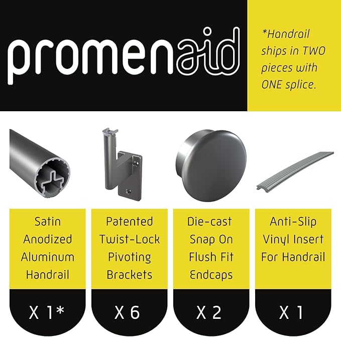 Promenaid 17ft Flush Handrail Kit - Champagne - Complete Indoor/Outdoor Handrail for Stairs - 1.6" Round Anodized Aluminum Railing with 6 Champagne Painted Pivoting Wall Brackets & Flush Endcaps