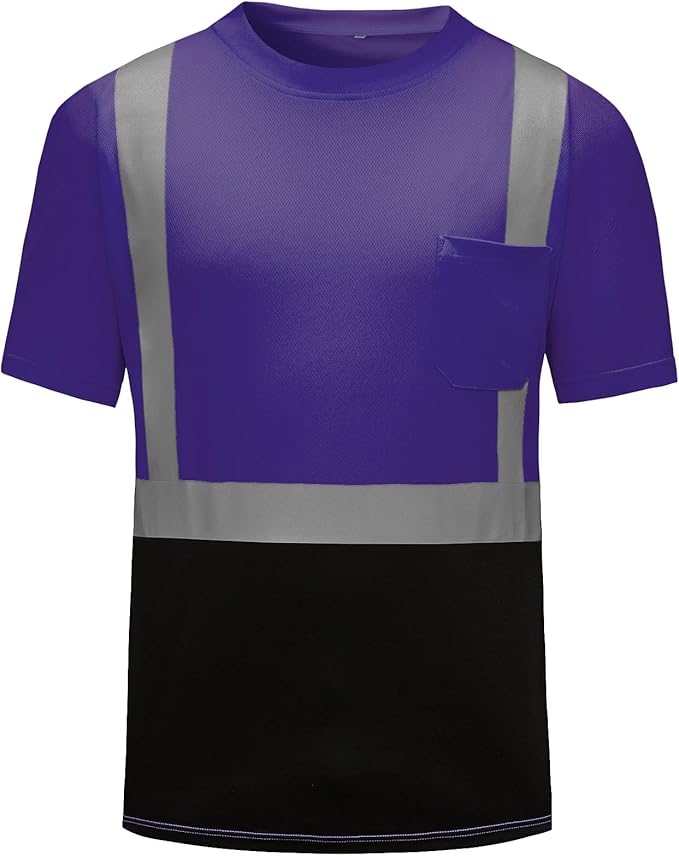 High Visibility Shirts Quick Dry Safety T Shirts with Reflective Strips and Pocket Short Sleeve Mesh Hi Vis Construction Work Class 2 Shirt for Men/Women Black Bottom Purple,3XL