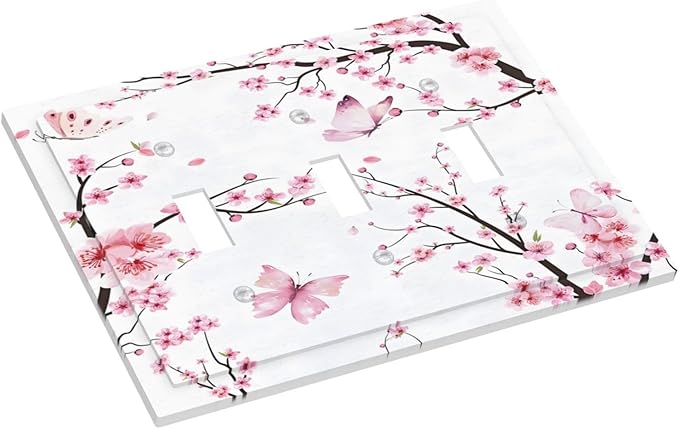 Cherry Floral Watercolor Pink Flowers Butterfly Decorative Switch Plates 3 Gang Wall Plate Triple Toggle Light Switch Cover Faceplate Electrical Wall Panels for Bed Room Living Room Decor