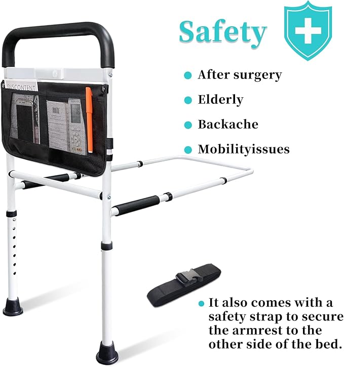 AOHHL Bed Rails for Elderly Adults Safety with Motion Light Adjustable Heights Storage Pocket Assist Support Side Railing for Seniors Slides Under Bed Guard Bed Handle Bars (White with Light)