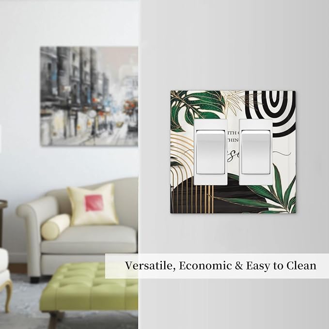 Boho Abstract Tropical Green Palm Leaf Mid Century Decorative Outlet Covers 2 Gang Double GFCI Rocker Electrical Wall Panels Light Switch Cover Plate for Office Home Decor