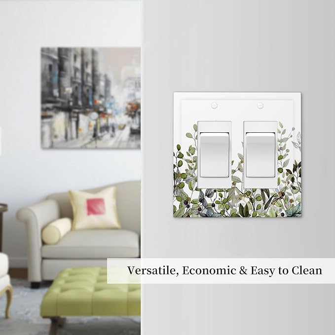 Watercolor Green Eucalyptus Leaves Plants Fruit Decorative Outlet Covers 2 Gang Double GFCI Rocker Electrical Wall Panels Light Switch Cover Plate for Bed Room Living Room Decor