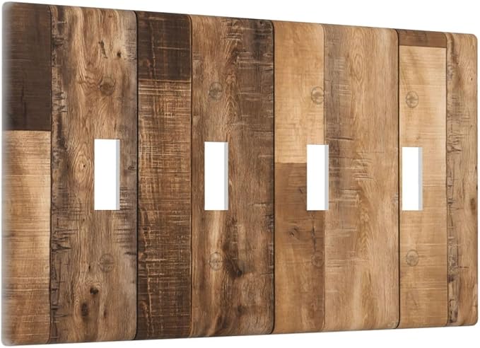 Rustic Brown Wood Splicing Vintage Dark Oak Print Light Switch Covers Quad Toggle Electrical Faceplate 4 Gang Wall Plate Decorative Switch Plates Cover for Farmhouse Home Decor