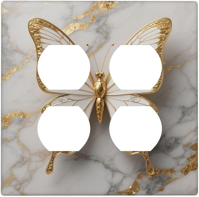 Gold Marble Shine Butterfly Abstract Modern Print Outlet Covers 2 Gang Double Duplex Decorative Light Switch Covers Electrical Wallplates Socket Faceplate for Bed Room Bathroom Decor