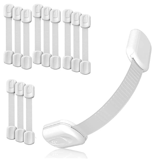3M Adhesive Child Safety Strap Locks by Baby Proof Me, Baby Latches for Cabinets, Dishwashers, Fridges, Ovens and Trash Cans, Stain Free Toilet Lock (12 Safety Latches)