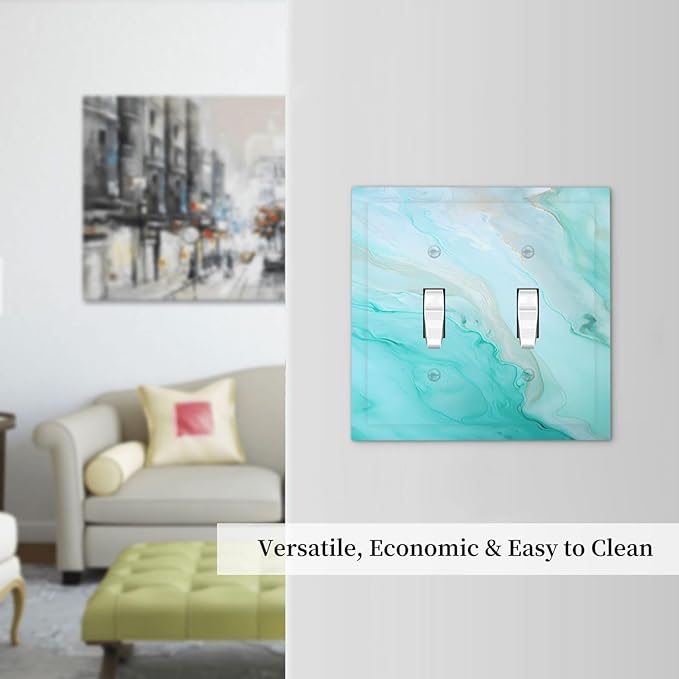 Teal Gold Marbling Turquoise Print Decorative Switch Plates 2 Gang Double Toggle Outlet Light Switch Cover Wall Plate Electrical Faceplate for Bathroom Living Room Home Decor