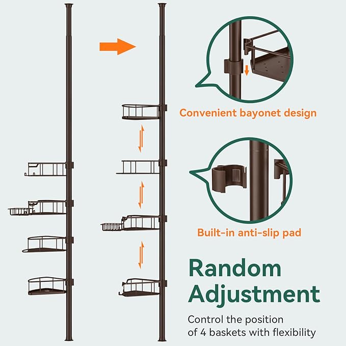 Corner Shower Caddy Tension Pole, 4 Tier Rustproof Shower Tension Rod Organizer, Adjustable 25-125 Inch Bathroom Shower Organizer Shelves for Bathtub Shampoo Storage, Brown