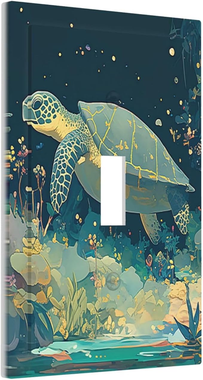Decorative Light Switch Cover Fantasy Sea World Sea Turtle Floral Plant 1 Gang Single Toggle Device Electrical Faceplate Switchplates Decorator Outlet Wall Plate for Kids Room Nursery Decor