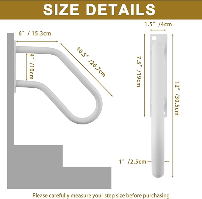 Hand Rails for Indoor Outdoor Steps, Wall Mount Non-Slip U-Shape Stair Railing, Black, 1 Pack (White, 2 Pack 16")