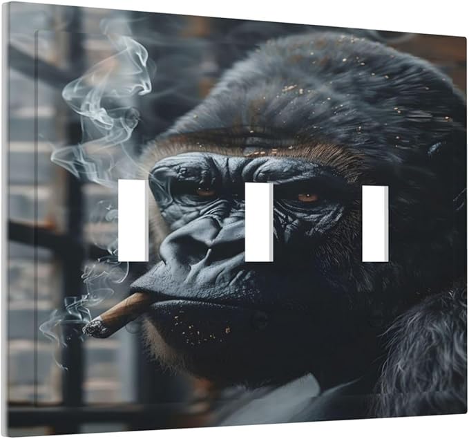 Funny Animal Smoking Black Orangutan Decorative Switch Plates 3 Gang Wall Plate Triple Toggle Light Switch Cover Faceplate Electrical Wall Panels for Farmhouse Home Office Decor