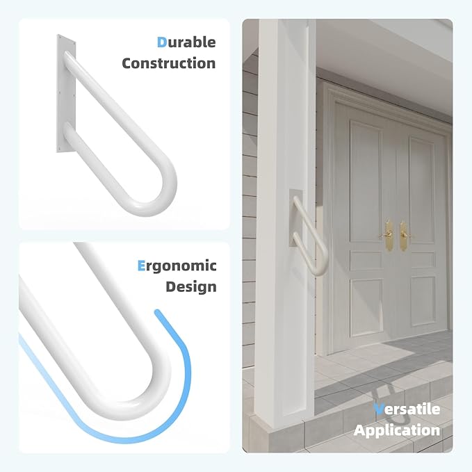 Handrails for Outdoor Steps Wall Mount, Railings for 1-2 Steps, U-Shaped Handrail with Powder Coated Finished, Stair Handrails for Garage, Porch, Yard and Garden (18" Length, White)