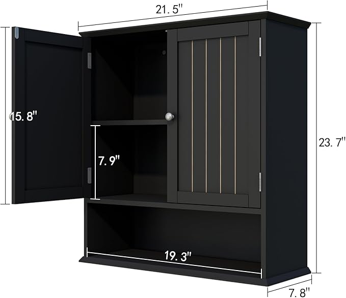 Over The Toilet Bathroom Wall Cabinet with 2 Doors & Open Shelf – Space Saving Medicine Cabinet, Wooden Wall Mounted Storage Cupboard for Bathroom Organization Black