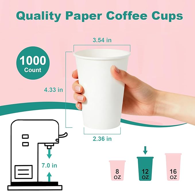 12 oz 300 Pack Disposable Coffee Cups, Bulk White Disposable Paper Cups, Coffee Cups for Hot Tea, Chocolate and Cold Drinks