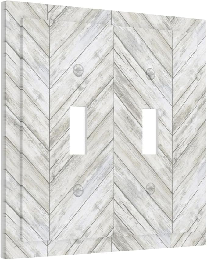 Rustic White Gray Herringbone Wood Plank Double Toggle Light Switch Cover Decorative Vintage Country 2 Gang Wall Plate Electrical Faceplate Switchplate for Farmhouse Bedroom Living Room Decor