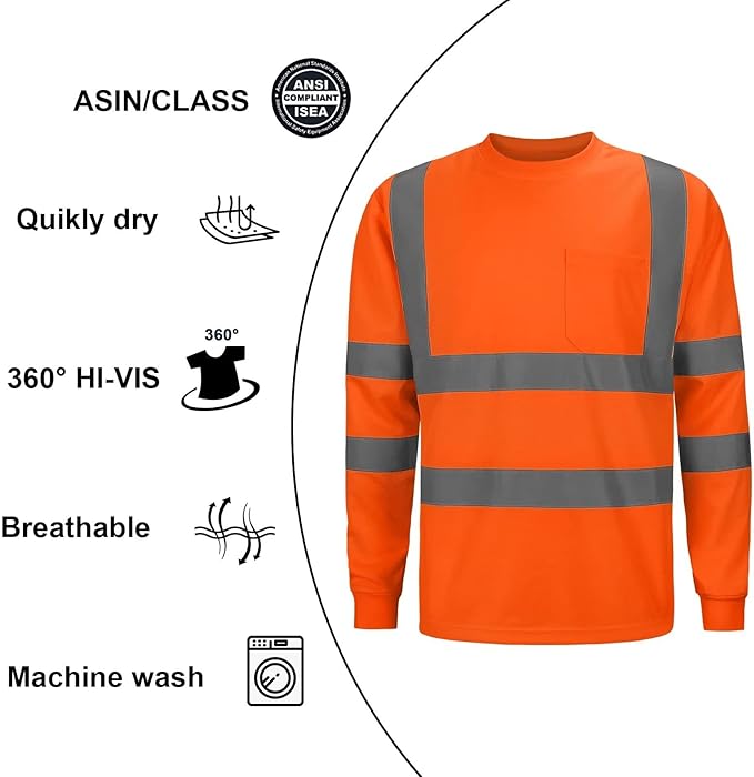 High Visibility Class 3 T Shirts，Hi Vis Safety Shirts with Reflective Strips and Pocket, Long Sleeve Quick Dry Mesh Construction Work Shirt for Men/Women Orange,2XL