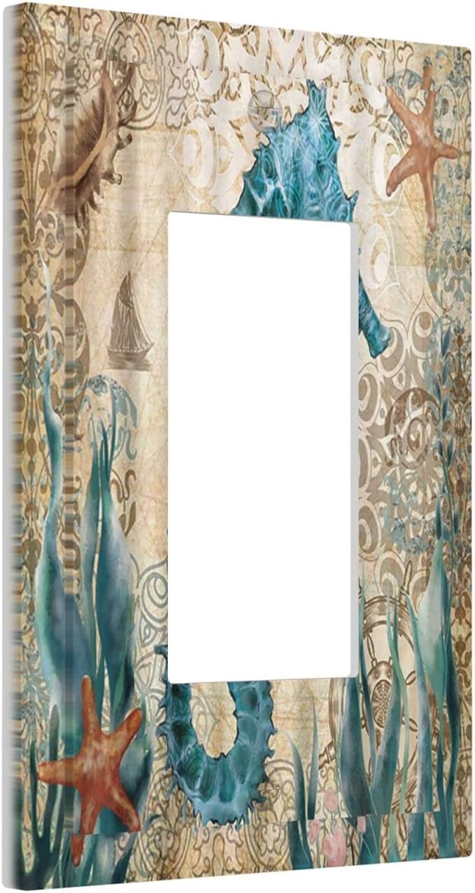 Vintage Blue Seahorse Seaweed Starfish Ocean Nautical Theme Single Rocker Light Switch Cover 1 Gang Outlet Cover Decorative Gfci Electrical Wall Plate Dimmer Switchplate for Farm Home Decora