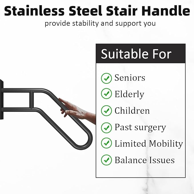 Hand Rails for Outdoor Steps Stair Railing Indoor Rail Metal Heavy Duty Non-Slip 1-3 Step Wall Mount Grab Bars U-Shape Safety Handle Garage Porch Courtyard Doorways (23")