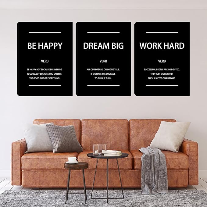 Unbruvo Motivational Office Wall Art, 3 Pieces Inspirational Canvas Wall Art, Dream Big Be Happy Work Hard Prints Poster Wall Decor for Living Room BedRoom Dorm(48" Wx24 H)