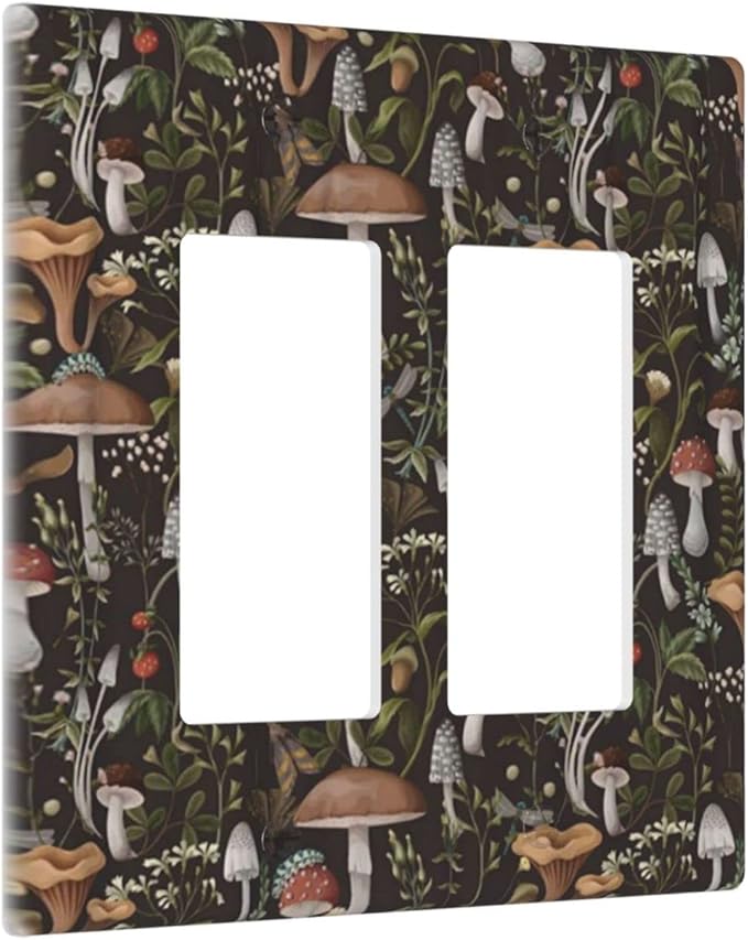 Funky Retro Vintage 70s 60s Boho Hippie Mushroom Double Rocker/Decora Outlet Covers 2 Gang Light Switch Cover Decorative Bohemian Floral Leaf Gfci Wall Plate Electrical Switchplate Faceplate for Home