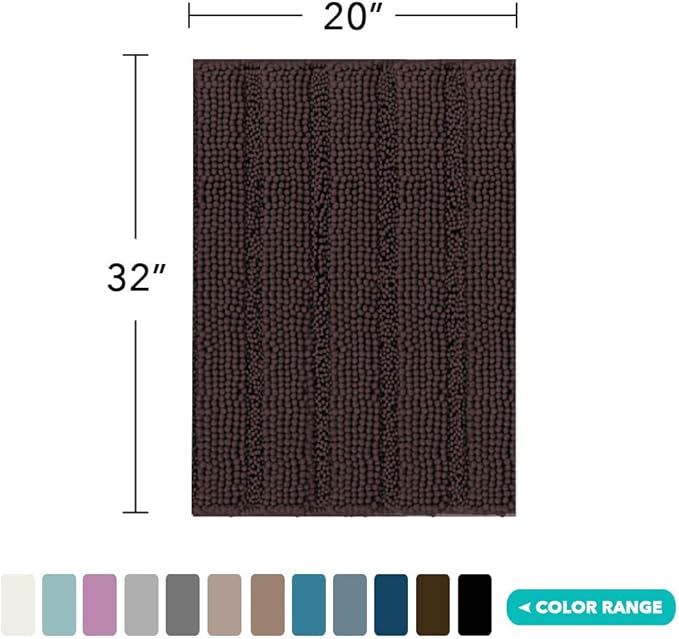 Turquoize Chenille Bath Rugs Non Slip Shaggy Extra Soft and Absorbent Area Rug, 20"x 32", Brown