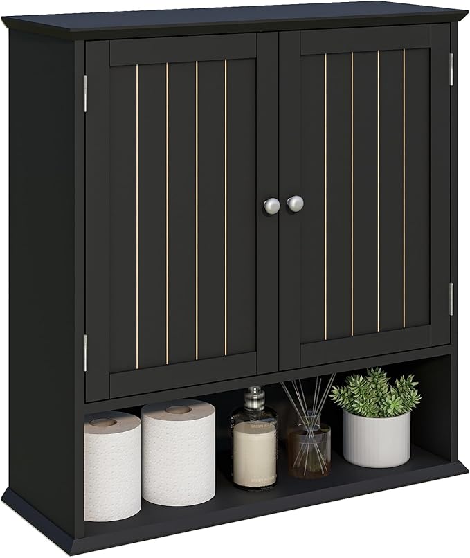 Over The Toilet Bathroom Wall Cabinet with 2 Doors & Open Shelf – Space Saving Medicine Cabinet, Wooden Wall Mounted Storage Cupboard for Bathroom Organization Black