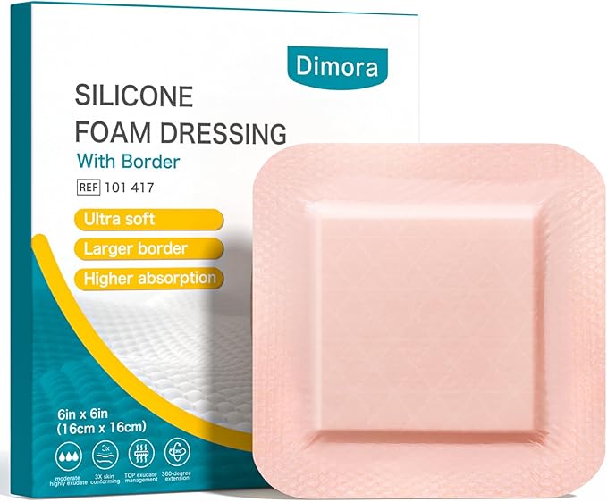 Dimora Utra Soft Silicone Foam Dressing 6"X6"(5 Count), Super Absorbent Large Bandage for Wound with Widened Border, Adhesive Foam Wdound Dressing for Bed Sores, Ulcer, Surgical Wound