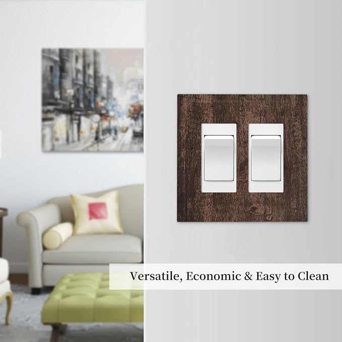 Decorative Outlet Covers Rustic Dark Brown Wood Grain 2 Gang Double GFCI Rocker Electrical Wall Panels Light Switch Cover Plate for Farmhouse Bedroom Decor