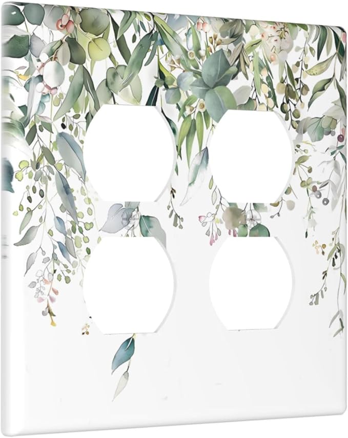 Sage Green Watercolor Eucalyptus Leaves Floral Flowers Outlet Covers 2 Gang Double Duplex Decorative Light Switch Covers Electrical Wallplates Socket Faceplate for Farmhouse Bed Room Decor