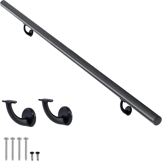 15FT Modern Aluminum Handrail Set, handrails for Indoor Stairs,Deck,Slope, Wall Mounted Staircase handrails, Zink Alloy Brackets Included,Rust Free. (Matte Black, 15 FT)