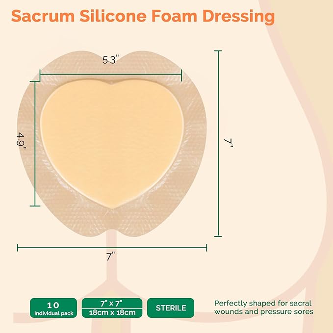Sacrum Foam Dressing with Border - 10 Packs Silicone Adhesive 7"x7" Waterproof Sacral Wound Dressing - High Absorbent Pads Breathable Bed Sore Pressure Wound Care Bandages