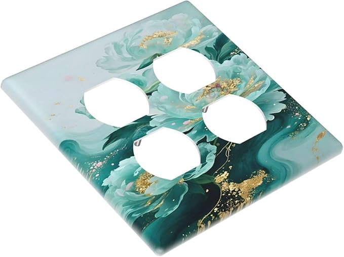 Decorative Switch Plate Covers Gold Green Floral Gilt Marble Flower 2 Gang Outlet Covers Double Duplex Light Switch Cover Plate Gfci Wall Plate for Bathroom Decor